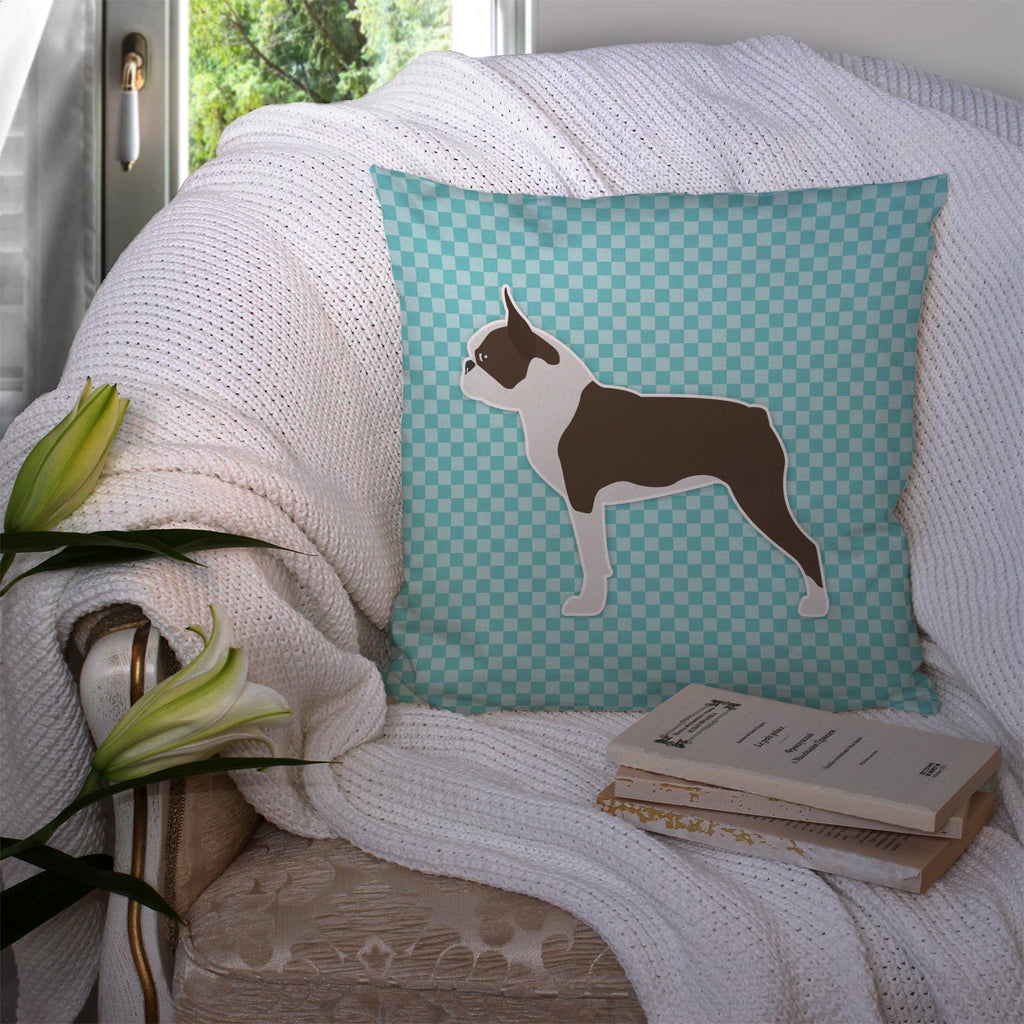 Boston Terrier Checkerboard Blue Decorative Throw Pillow 14x14 Indoor Outdoor Accent Cushion, Fabric Cover with Insert for Sofa, Bed, Porch & Living Room