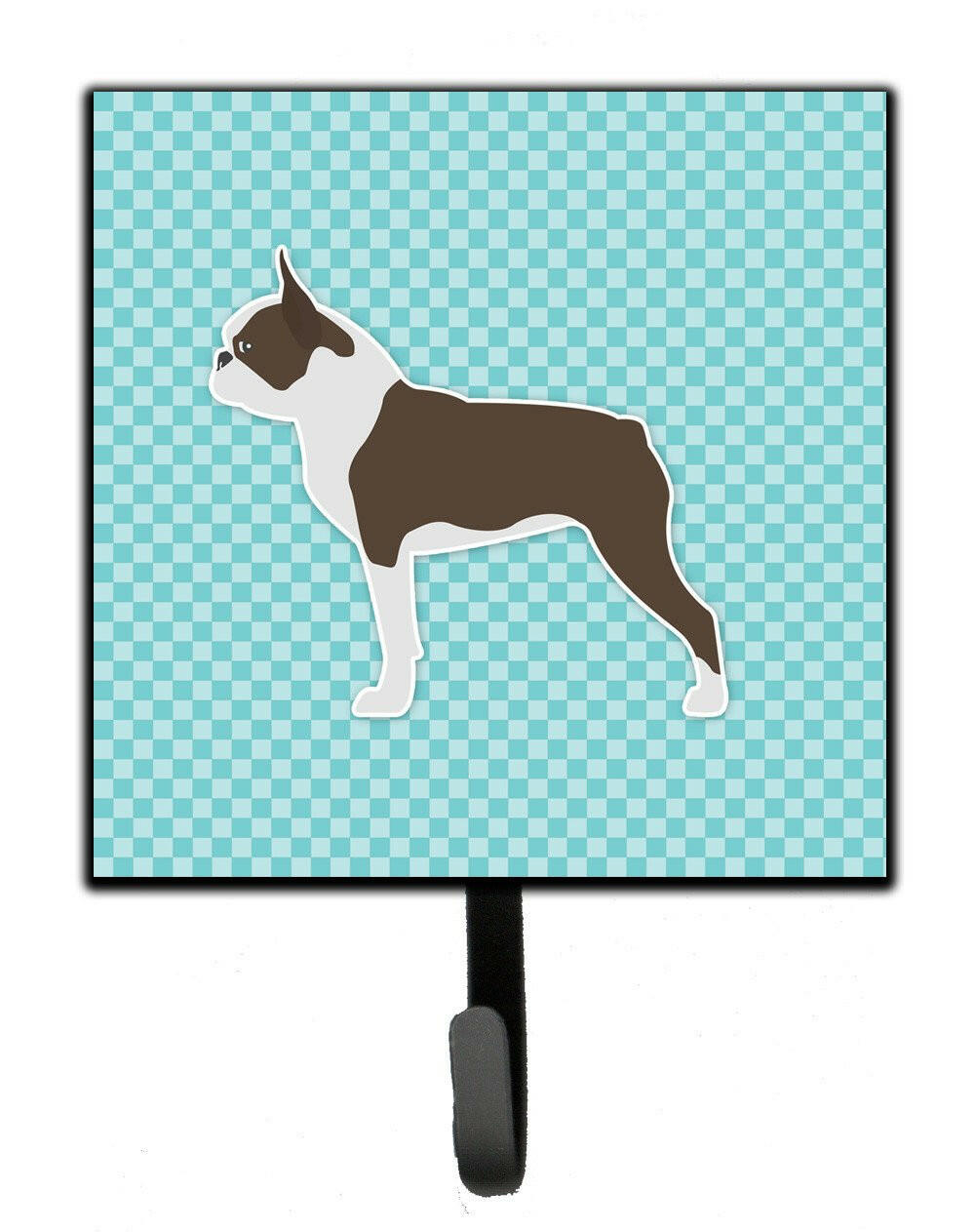 Boston Terrier Checkerboard Blue Leash or Key Holder Wall Hooks, Key Hooks Holder, Coat Rack Wall Mount, Coat Hooks, Hooks for Hanging Keys, Towels, Aprons, Leashes