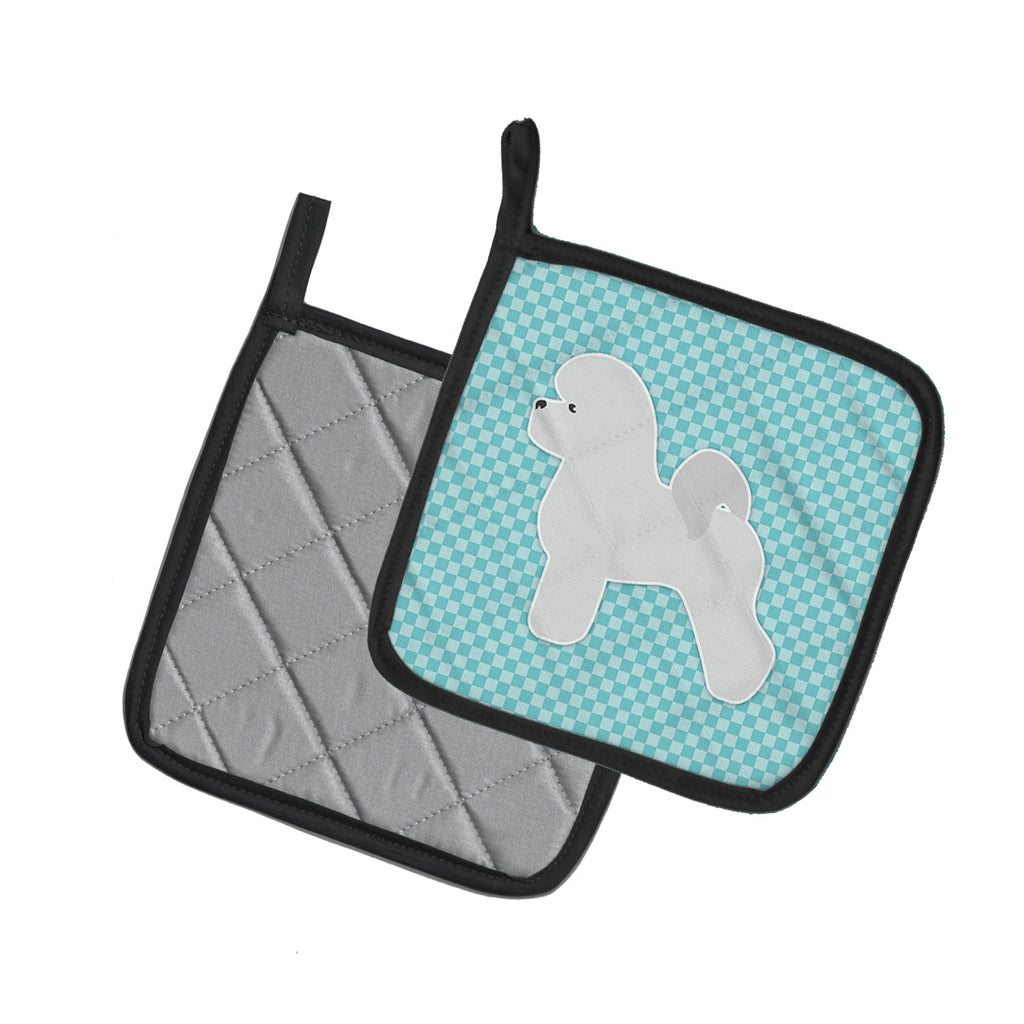 Bichon Frise Checkerboard Blue Pot Holder Set of 2 Heat Resistant Quilted Hot Pads 7.5 x 7.5 Inch, Insulated Kitchen Trivets for Cooking & Baking