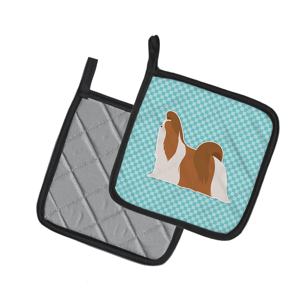 Shih Tzu Checkerboard Blue Pot Holder Set of 2 Heat Resistant Quilted Hot Pads 7.5 x 7.5 Inch, Insulated Kitchen Trivets for Cooking & Baking