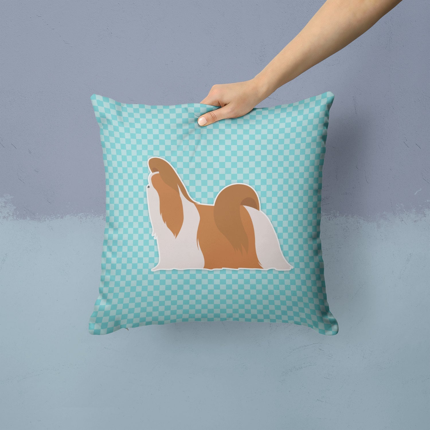 Shih Tzu Checkerboard Blue Decorative Throw Pillow 14x14 Indoor Outdoor Accent Cushion, Fabric Cover with Insert for Sofa, Bed, Porch & Living Room