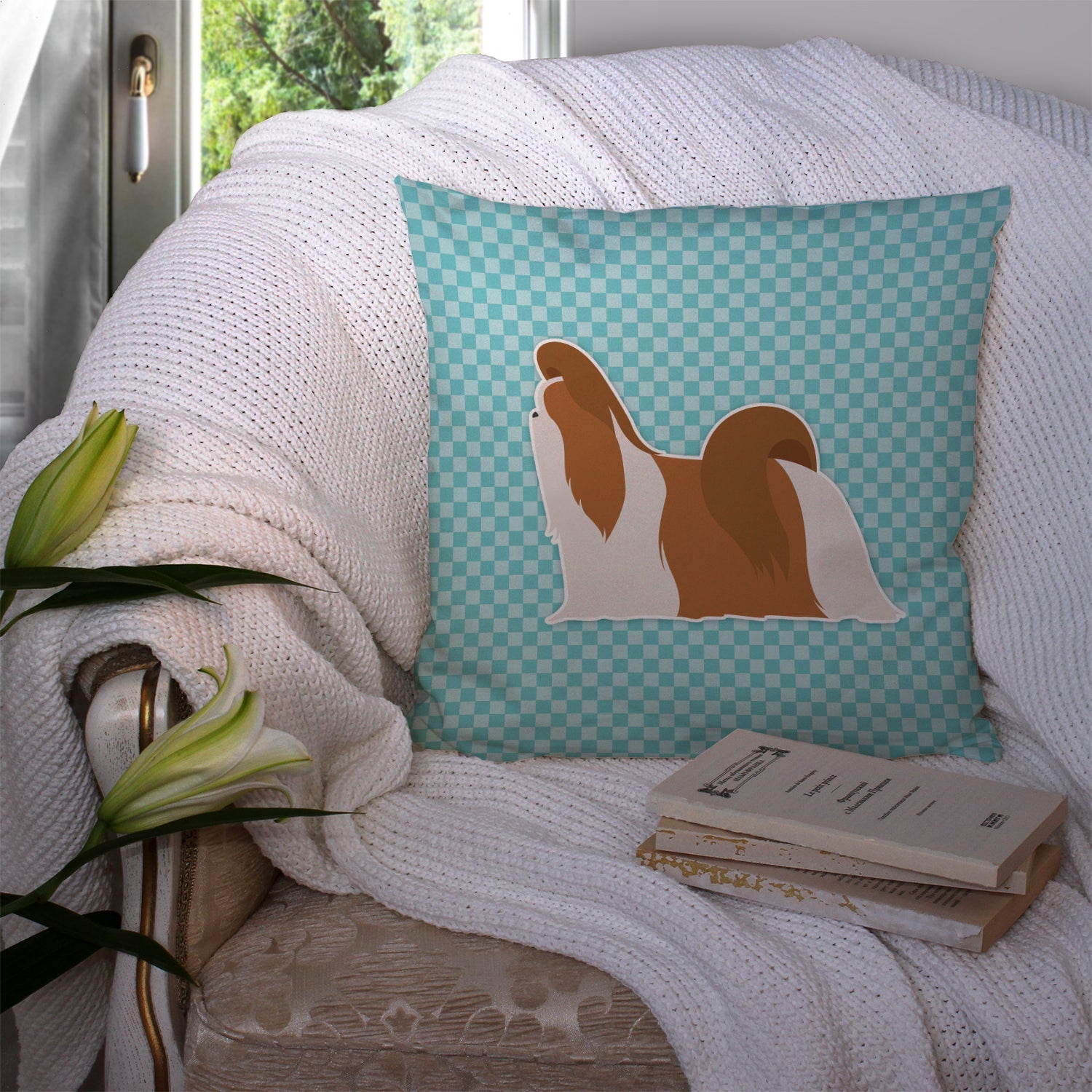 Shih Tzu Checkerboard Blue Decorative Throw Pillow 14x14 Indoor Outdoor Accent Cushion, Fabric Cover with Insert for Sofa, Bed, Porch & Living Room
