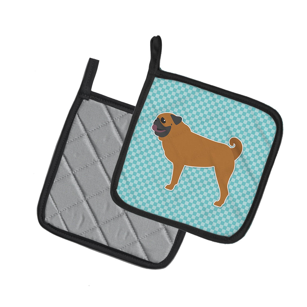 Pug Checkerboard Blue Pot Holder Set of 2 Heat Resistant Quilted Hot Pads 7.5 x 7.5 Inch, Insulated Kitchen Trivets for Cooking & Baking