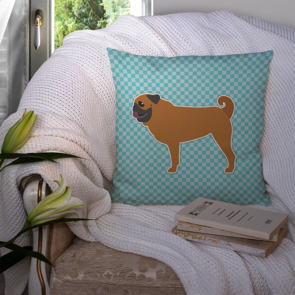Pug Checkerboard Blue Decorative Throw Pillow 14x14 Indoor Outdoor Accent Cushion, Fabric Cover with Insert for Sofa, Bed, Porch & Living Room