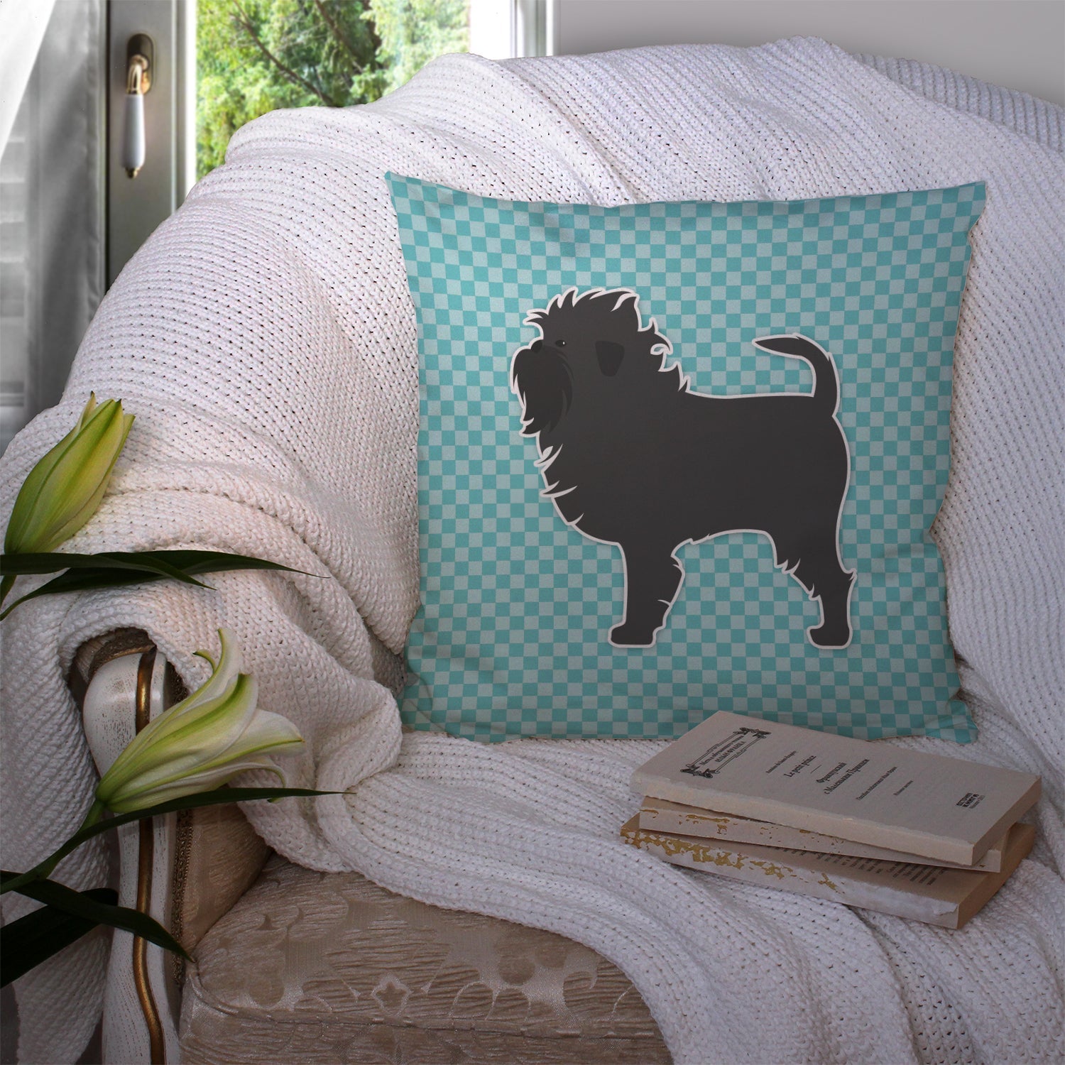 Affenpinscher Checkerboard Blue Decorative Throw Pillow 14x14 Indoor Outdoor Accent Cushion, Fabric Cover with Insert for Sofa, Bed, Porch & Living Room
