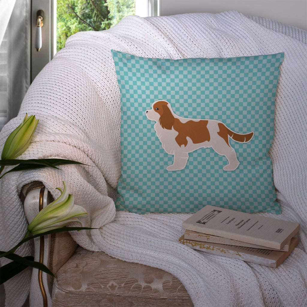 Cavalier King Charles Spaniel Checkerboard Blue Decorative Throw Pillow 14x14 Indoor Outdoor Accent Cushion, Fabric Cover with Insert for Sofa, Bed, Porch & Living Room