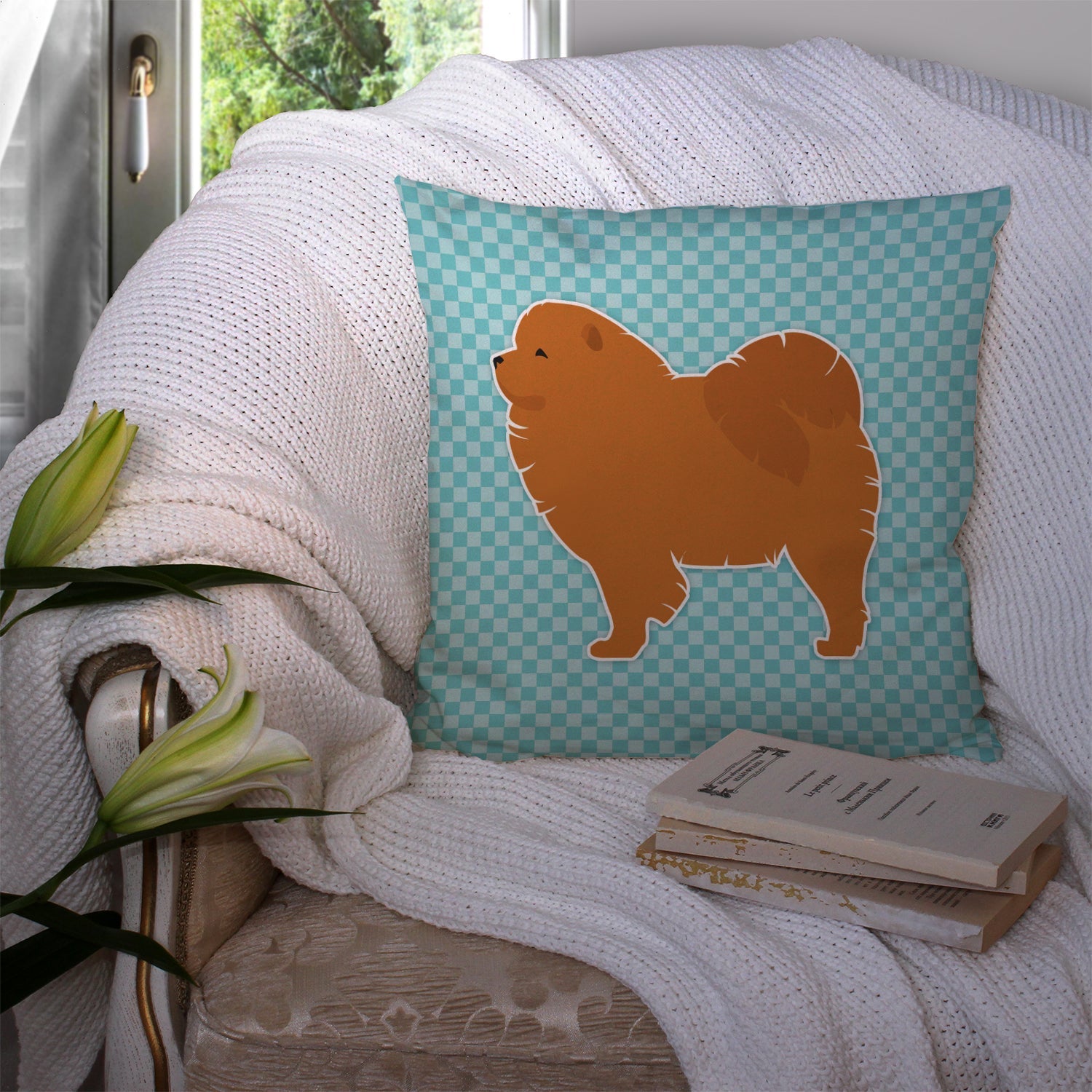 Chow Chow Checkerboard Blue Decorative Throw Pillow 14x14 Indoor Outdoor Accent Cushion, Fabric Cover with Insert for Sofa, Bed, Porch & Living Room