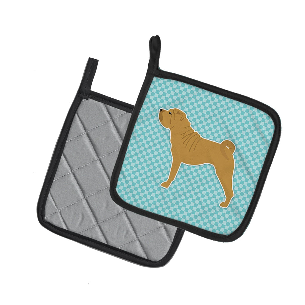 Shar Pei Checkerboard Blue Pot Holder Set of 2 Heat Resistant Quilted Hot Pads 7.5 x 7.5 Inch, Insulated Kitchen Trivets for Cooking & Baking