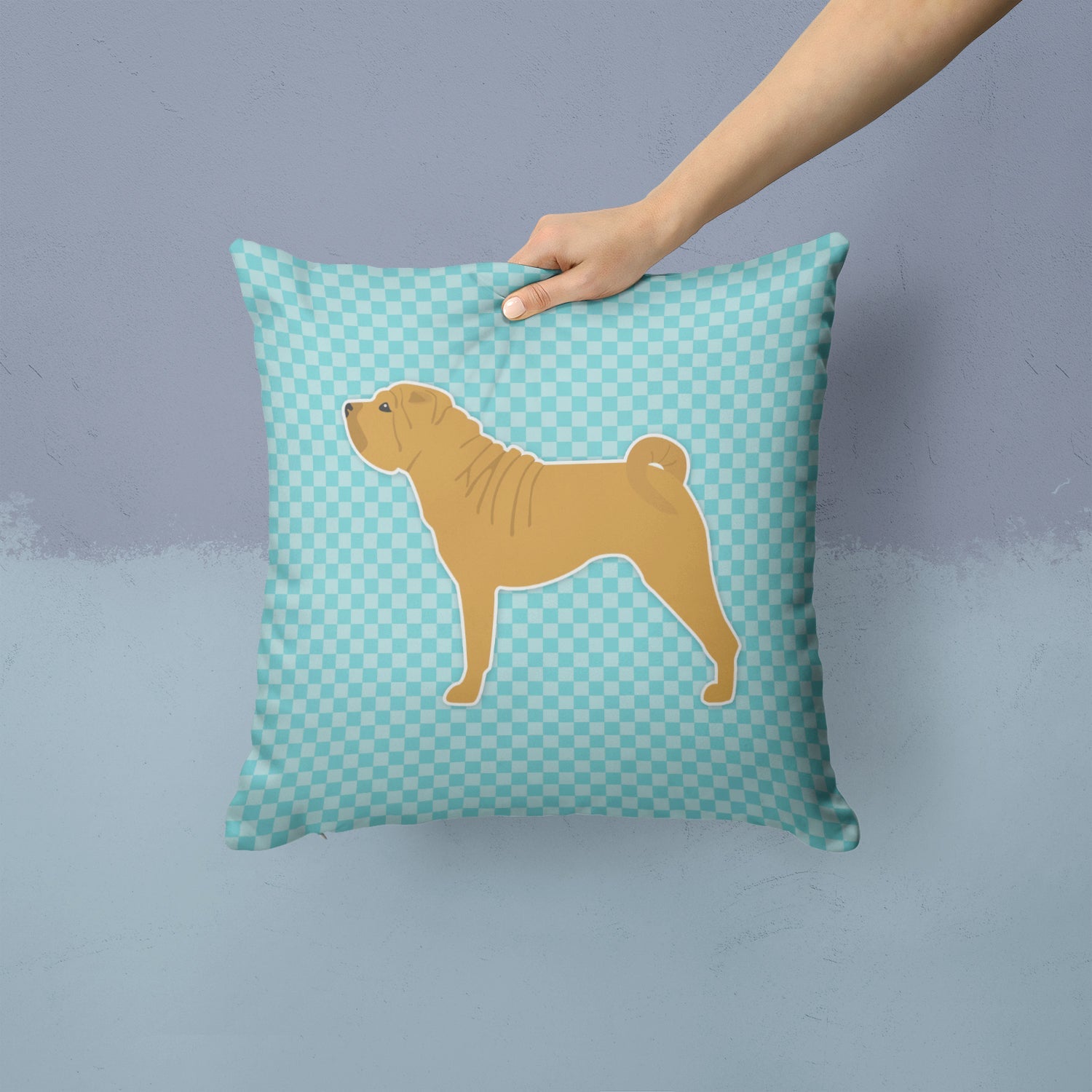 Shar Pei Checkerboard Blue Decorative Throw Pillow 14x14 Indoor Outdoor Accent Cushion, Fabric Cover with Insert for Sofa, Bed, Porch & Living Room