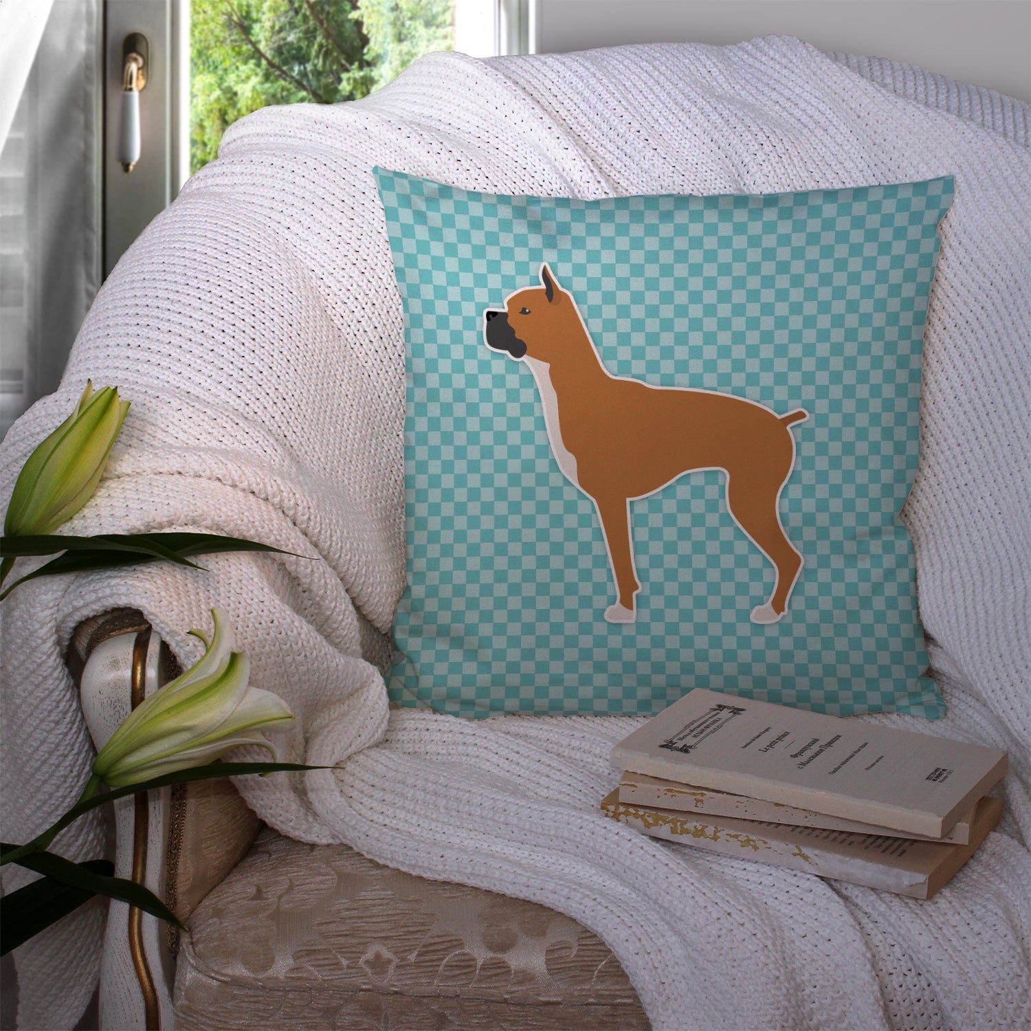 Boxer Checkerboard Blue Decorative Throw Pillow 14x14 Indoor Outdoor Accent Cushion, Fabric Cover with Insert for Sofa, Bed, Porch & Living Room