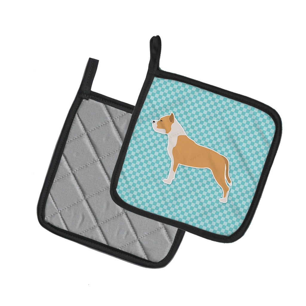 Staffordshire Bull Terrier Checkerboard Blue Pot Holder Set of 2 Heat Resistant Quilted Hot Pads 7.5 x 7.5 Inch, Insulated Kitchen Trivets for Cooking & Baking