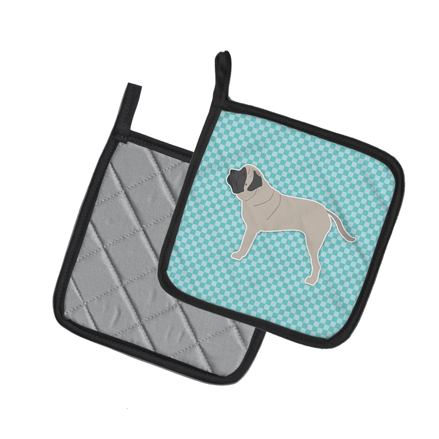 English Mastiff Checkerboard Blue Pot Holder Set of 2 Heat Resistant Quilted Hot Pads 7.5 x 7.5 Inch, Insulated Kitchen Trivets for Cooking & Baking
