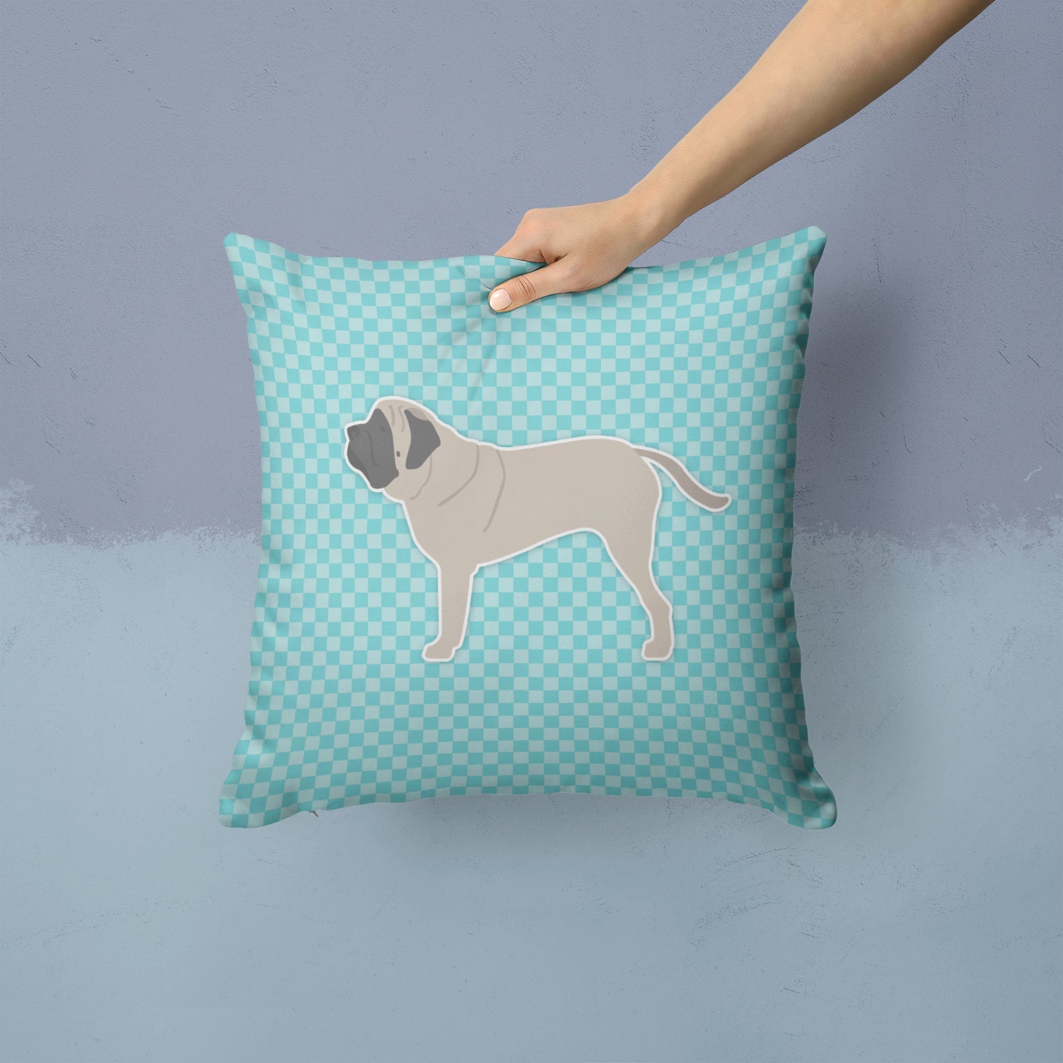 English Mastiff Checkerboard Blue Decorative Throw Pillow 14x14 Indoor Outdoor Accent Cushion, Fabric Cover with Insert for Sofa, Bed, Porch & Living Room