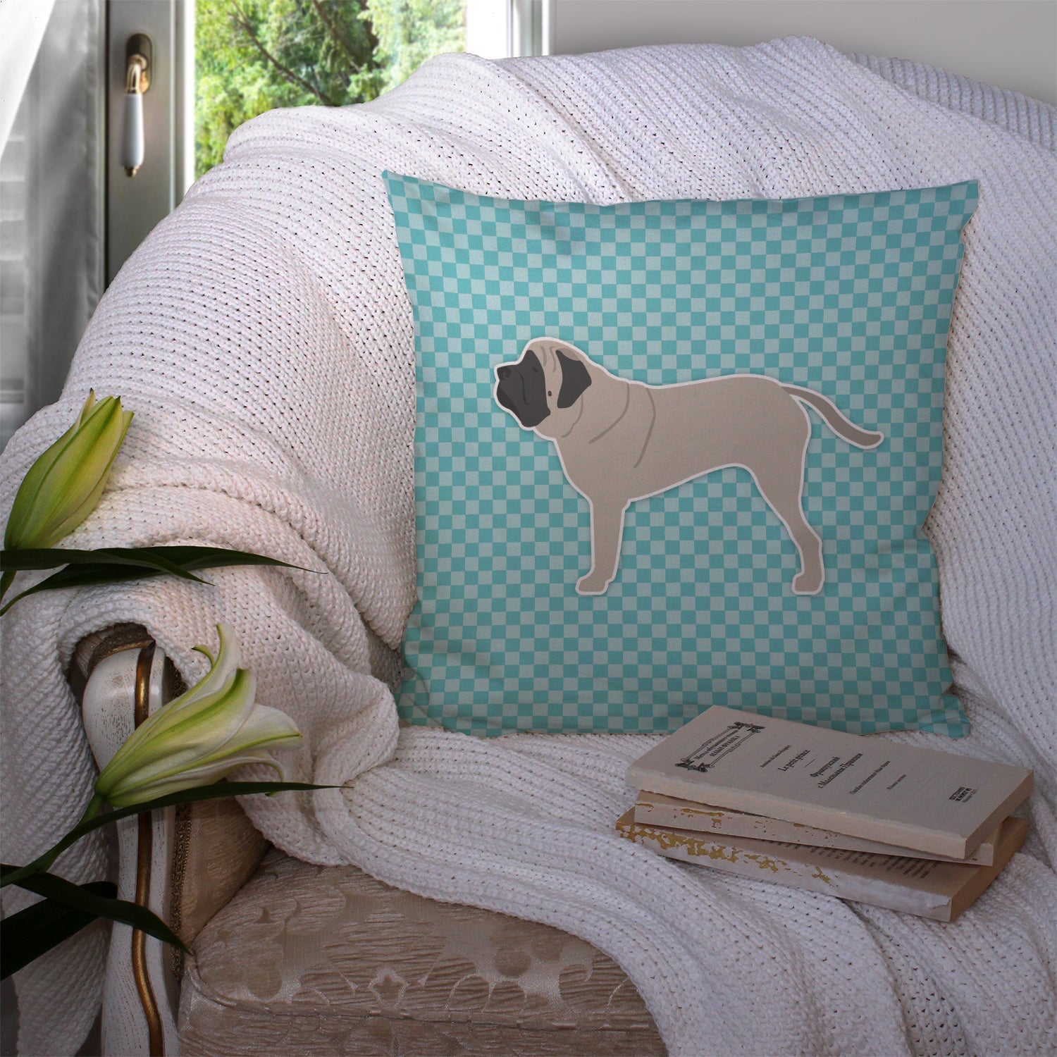 English Mastiff Checkerboard Blue Decorative Throw Pillow 14x14 Indoor Outdoor Accent Cushion, Fabric Cover with Insert for Sofa, Bed, Porch & Living Room