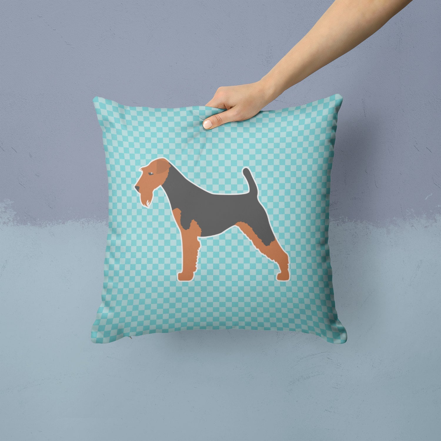 Airedale Terrier Checkerboard Blue Decorative Throw Pillow 14x14 Indoor Outdoor Accent Cushion, Fabric Cover with Insert for Sofa, Bed, Porch & Living Room