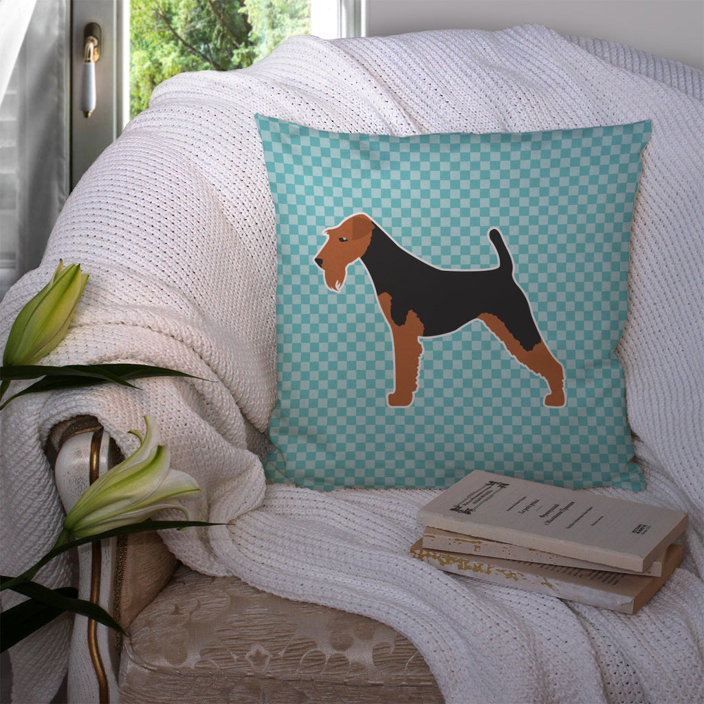 Airedale Terrier Checkerboard Blue Decorative Throw Pillow 14x14 Indoor Outdoor Accent Cushion, Fabric Cover with Insert for Sofa, Bed, Porch & Living Room