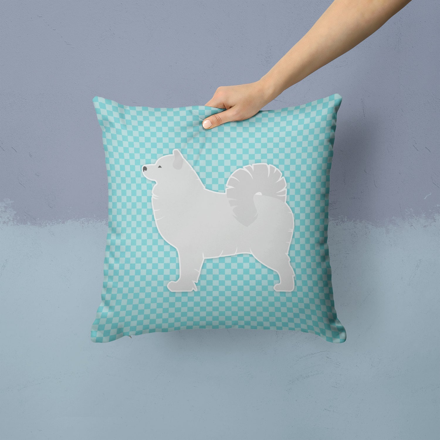 Samoyed Checkerboard Blue Decorative Throw Pillow 14x14 Indoor Outdoor Accent Cushion, Fabric Cover with Insert for Sofa, Bed, Porch & Living Room