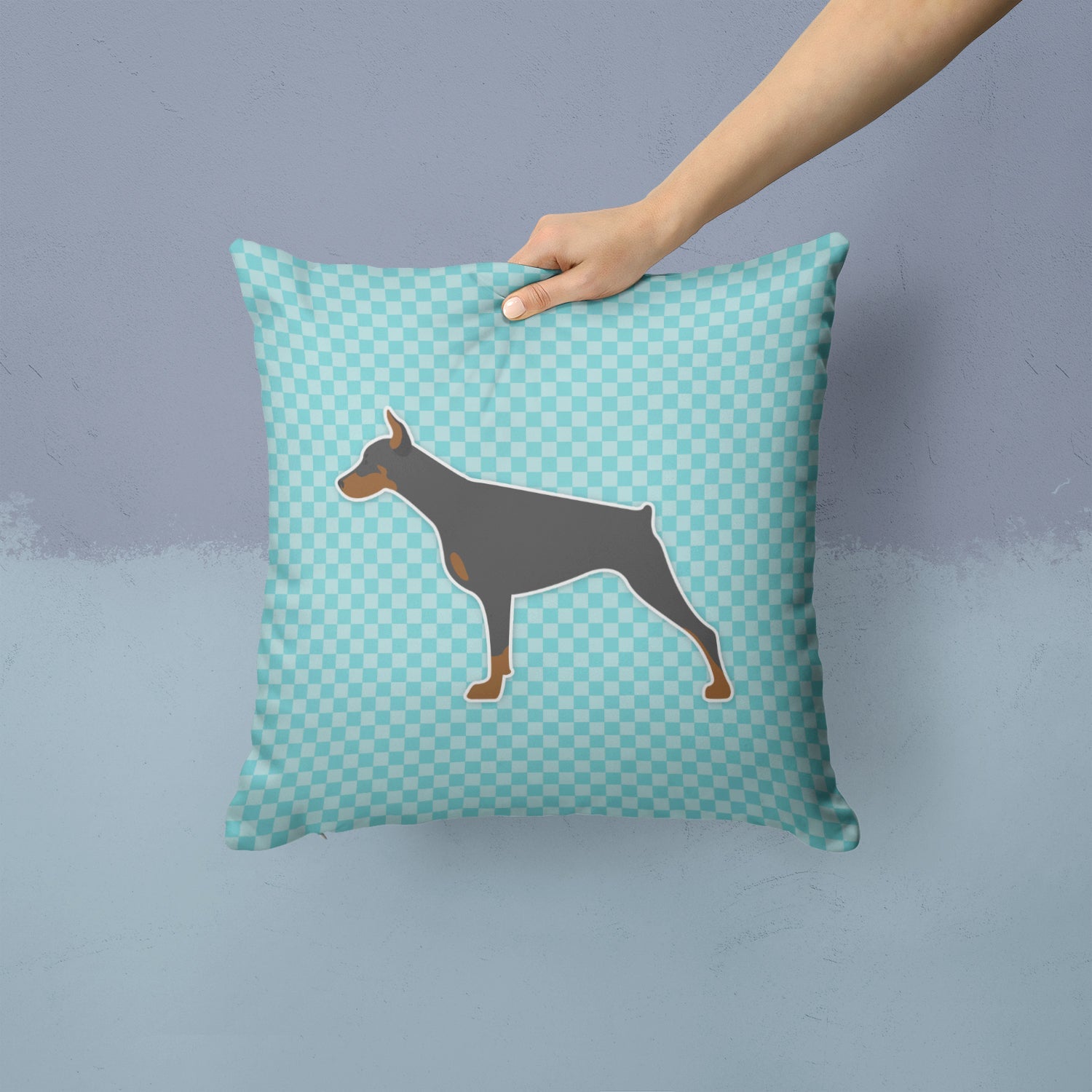 Doberman Pinscher Checkerboard Blue Decorative Throw Pillow 14x14 Indoor Outdoor Accent Cushion, Fabric Cover with Insert for Sofa, Bed, Porch & Living Room