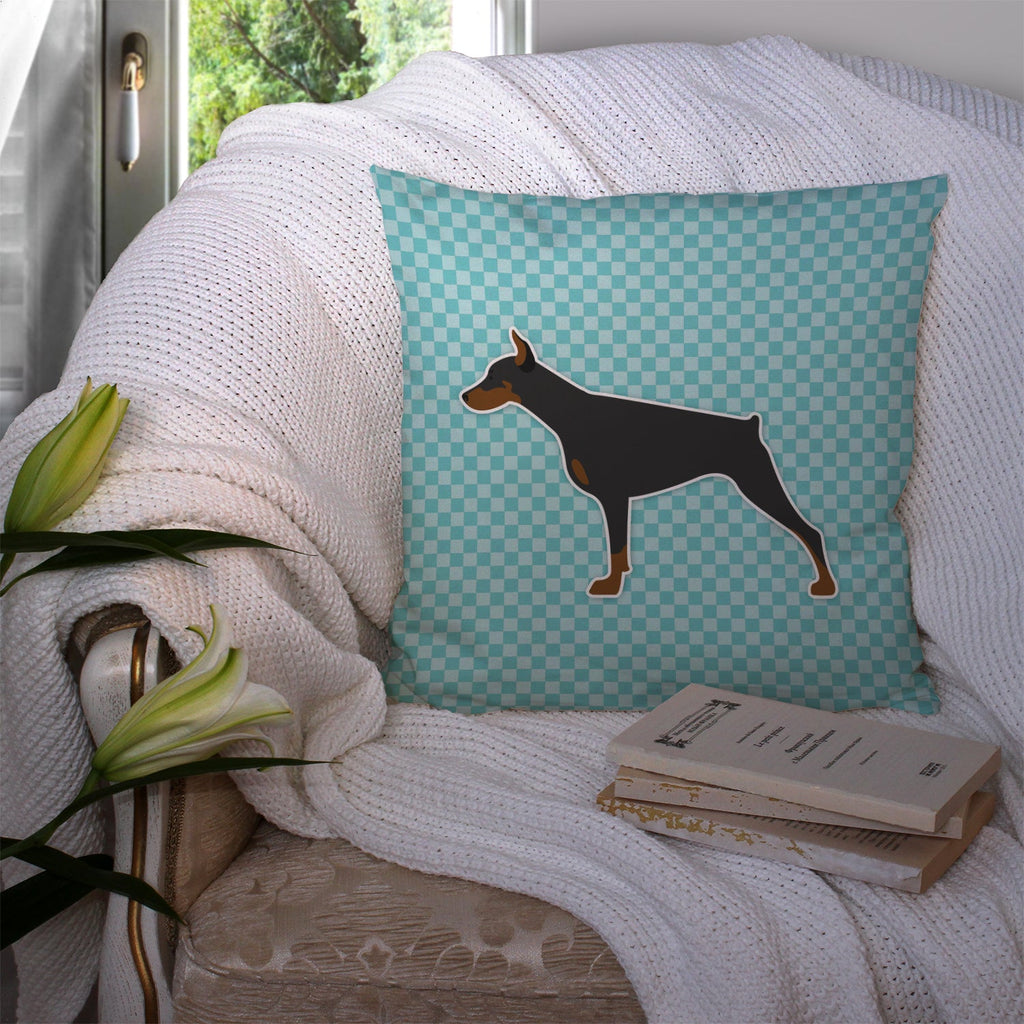 Doberman Pinscher Checkerboard Blue Decorative Throw Pillow 14x14 Indoor Outdoor Accent Cushion, Fabric Cover with Insert for Sofa, Bed, Porch & Living Room