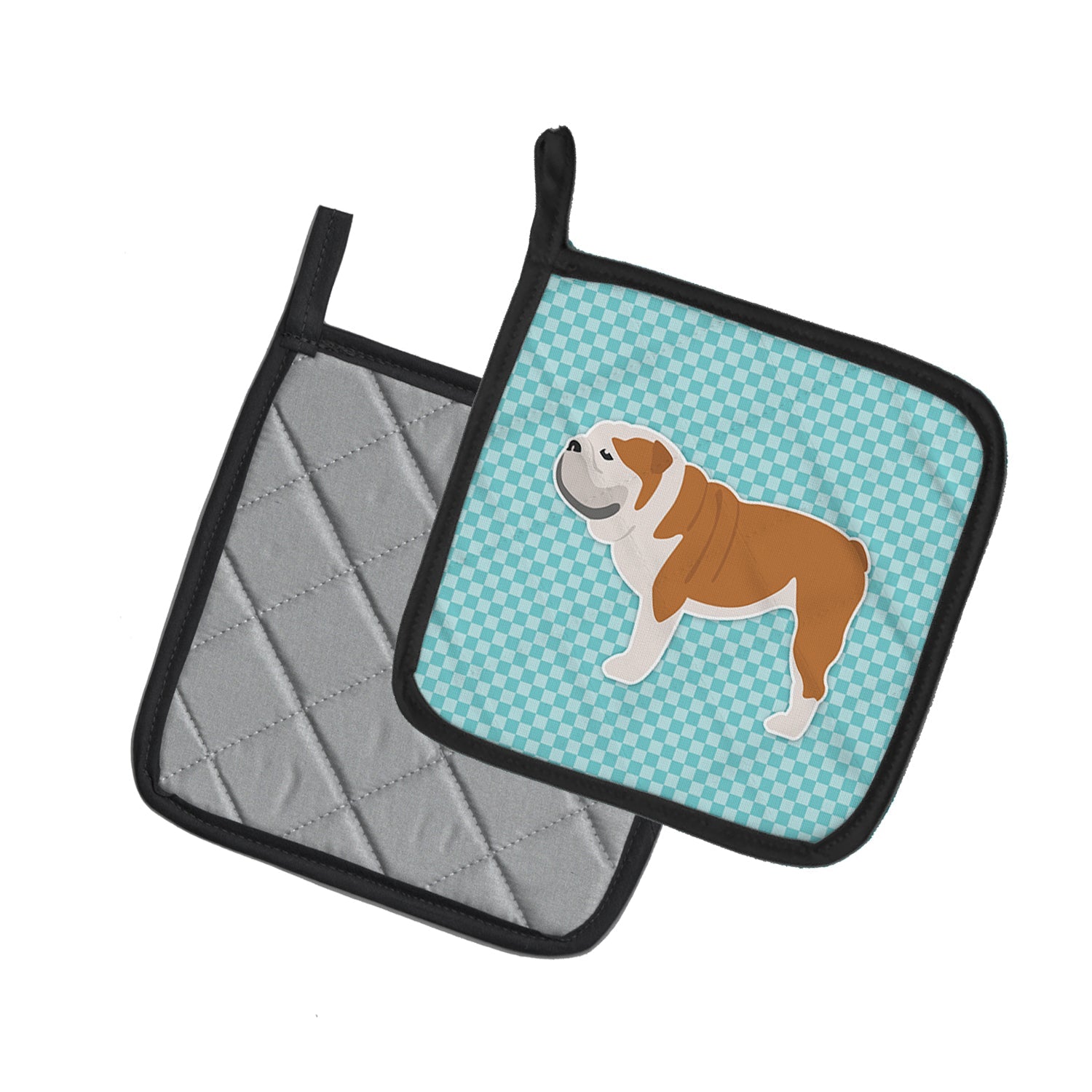 English Bulldog Checkerboard Blue Pot Holder Set of 2 Heat Resistant Quilted Hot Pads 7.5 x 7.5 Inch, Insulated Kitchen Trivets for Cooking & Baking