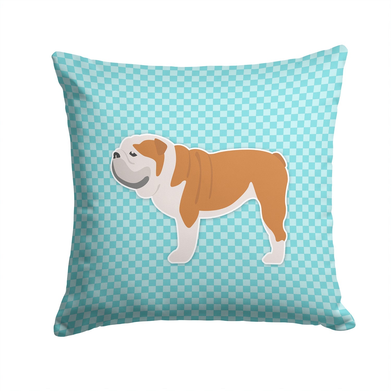 English Bulldog Checkerboard Blue Decorative Throw Pillow 14x14 Indoor Outdoor Accent Cushion, Fabric Cover with Insert for Sofa, Bed, Porch & Living Room