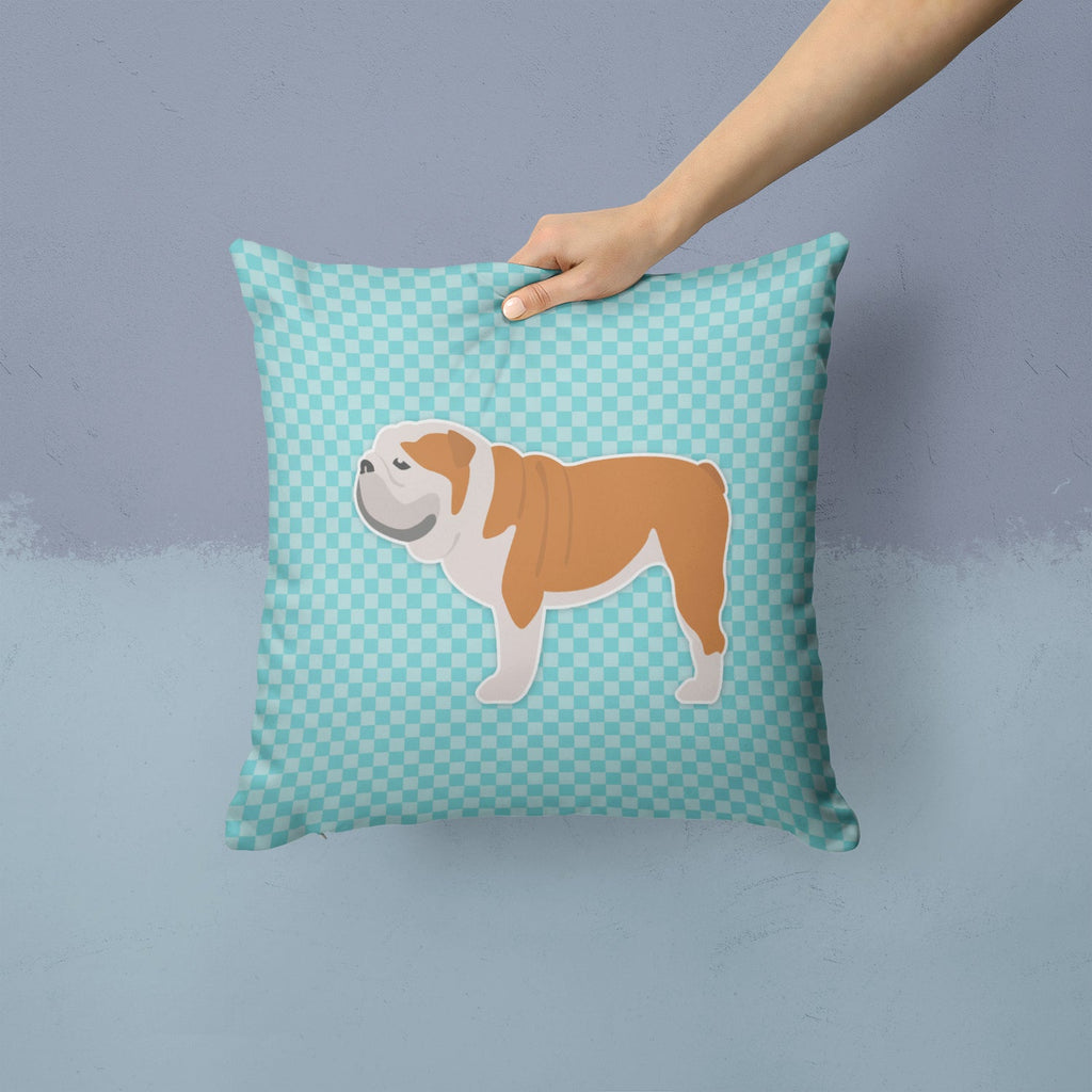 English Bulldog Checkerboard Blue Decorative Throw Pillow 14x14 Indoor Outdoor Accent Cushion, Fabric Cover with Insert for Sofa, Bed, Porch & Living Room