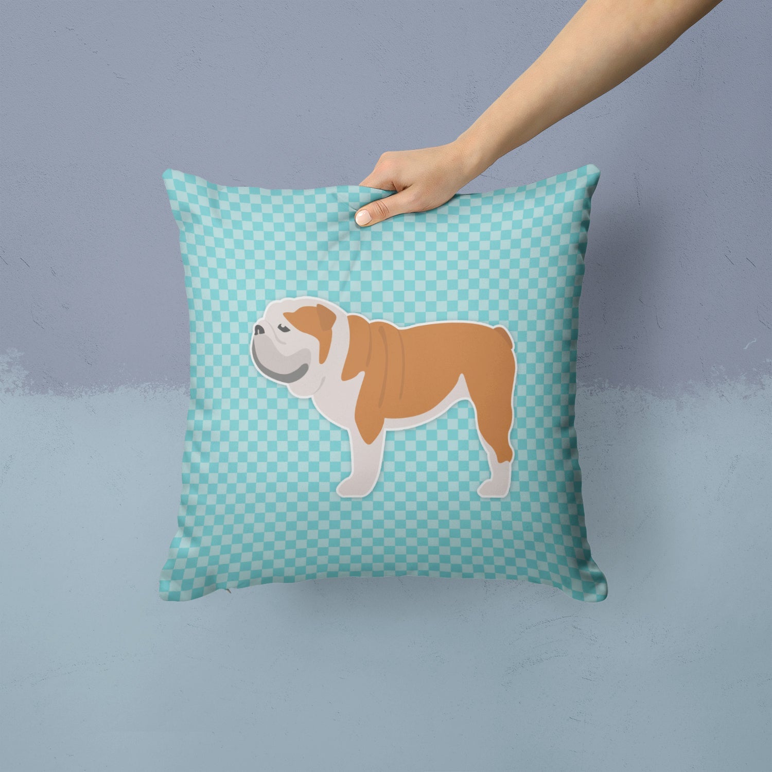 English Bulldog Checkerboard Blue Decorative Throw Pillow 14x14 Indoor Outdoor Accent Cushion, Fabric Cover with Insert for Sofa, Bed, Porch & Living Room