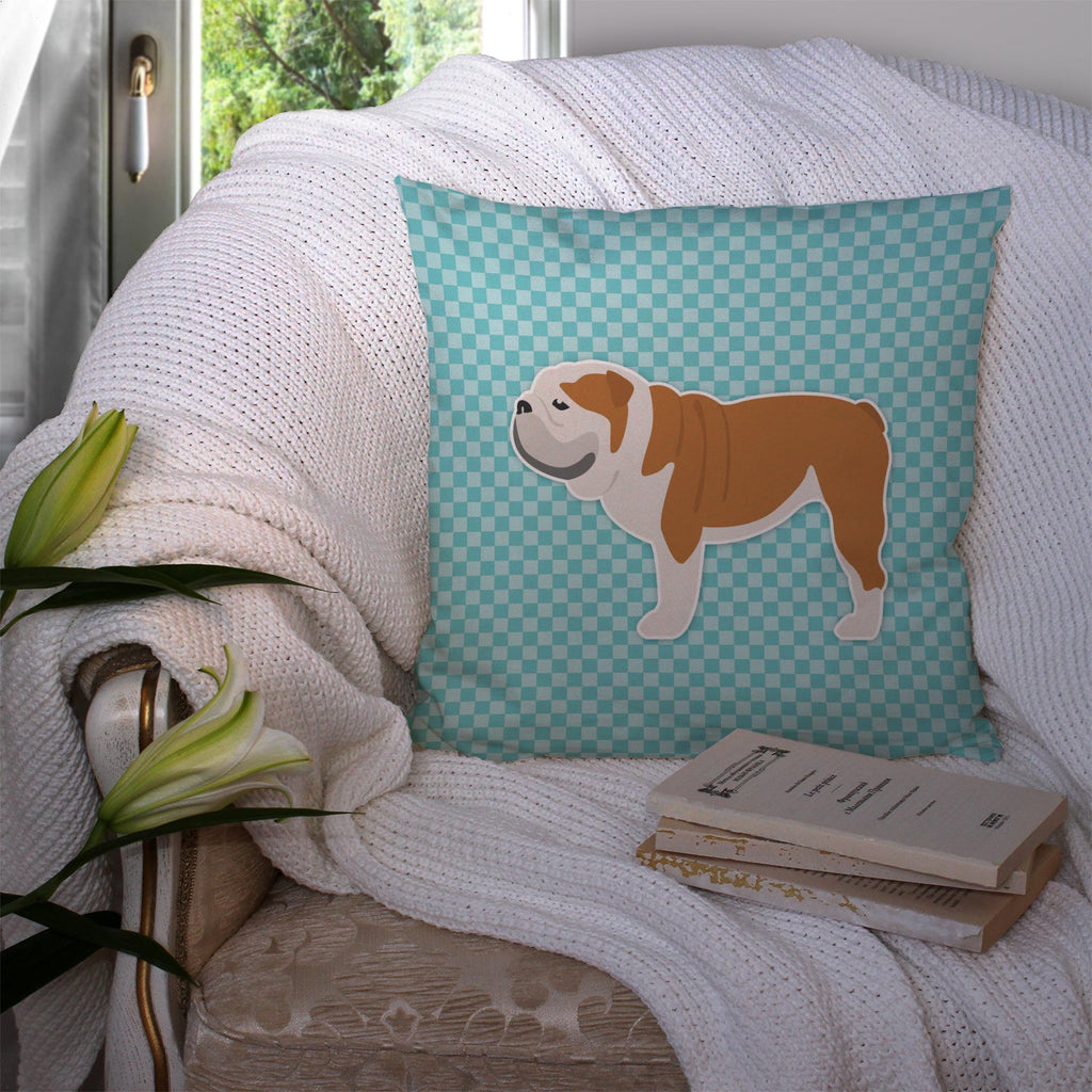 English Bulldog Checkerboard Blue Decorative Throw Pillow 14x14 Indoor Outdoor Accent Cushion, Fabric Cover with Insert for Sofa, Bed, Porch & Living Room