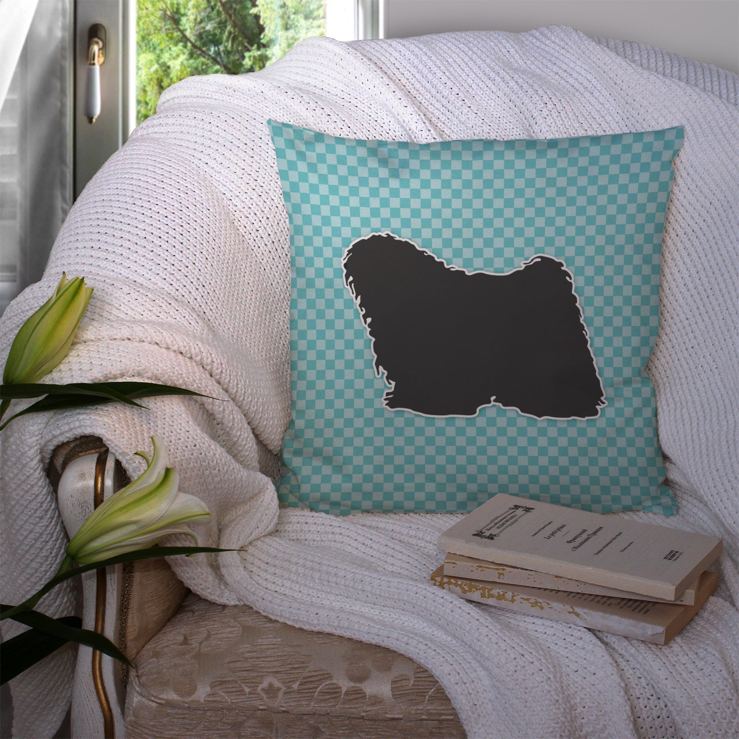 Puli Checkerboard Blue Decorative Throw Pillow 14x14 Indoor Outdoor Accent Cushion, Fabric Cover with Insert for Sofa, Bed, Porch & Living Room