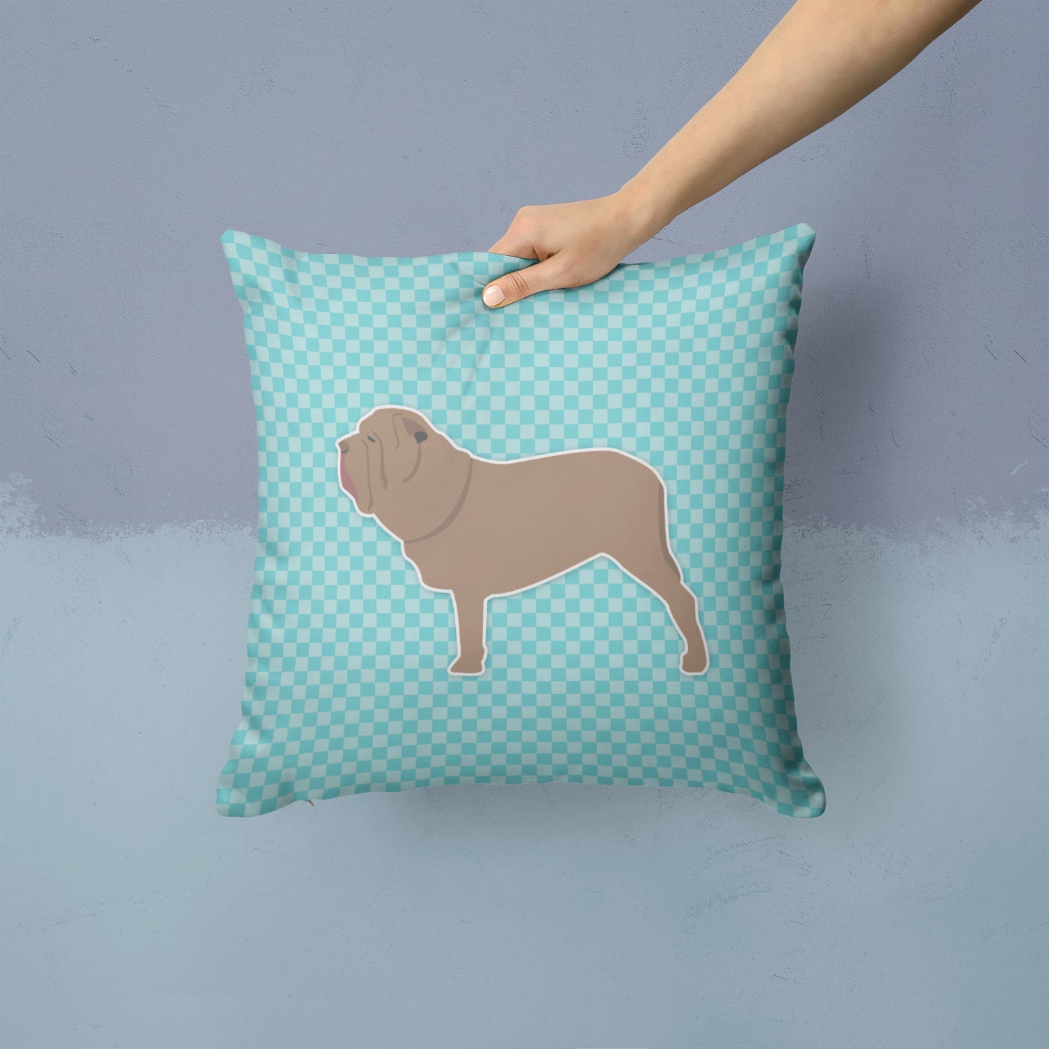 Neapolitan Mastiff Checkerboard Blue Decorative Throw Pillow 14x14 Indoor Outdoor Accent Cushion, Fabric Cover with Insert for Sofa, Bed, Porch & Living Room