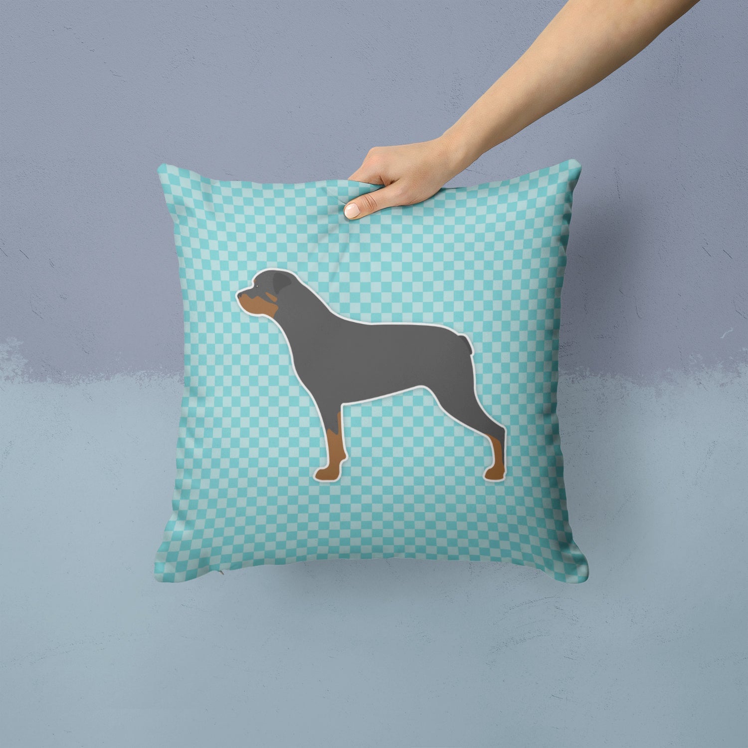 Rottweiler Checkerboard Blue Decorative Throw Pillow 14x14 Indoor Outdoor Accent Cushion, Fabric Cover with Insert for Sofa, Bed, Porch & Living Room