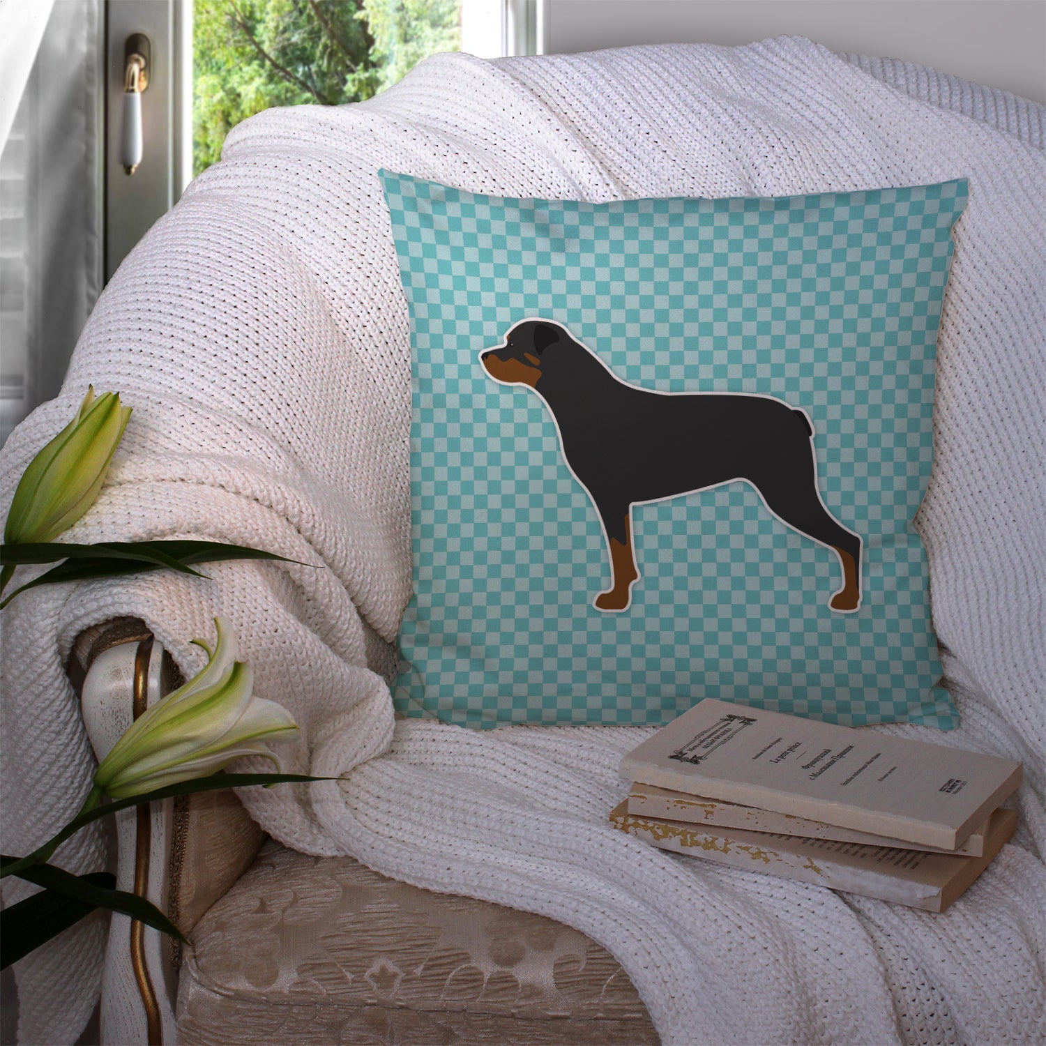 Rottweiler Checkerboard Blue Decorative Throw Pillow 14x14 Indoor Outdoor Accent Cushion, Fabric Cover with Insert for Sofa, Bed, Porch & Living Room