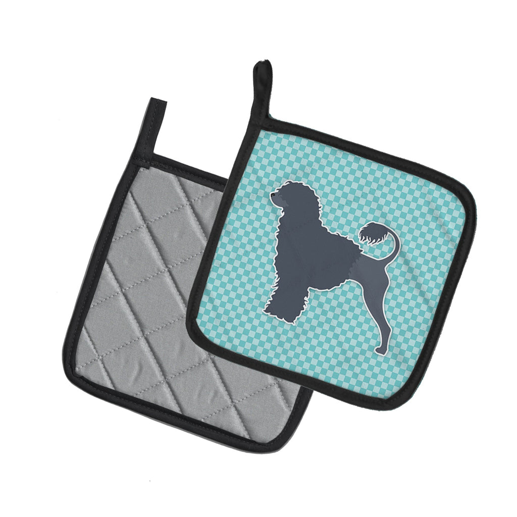 Portuguese Water Dog Checkerboard Blue Pot Holder Set of 2 Heat Resistant Quilted Hot Pads 7.5 x 7.5 Inch, Insulated Kitchen Trivets for Cooking & Baking