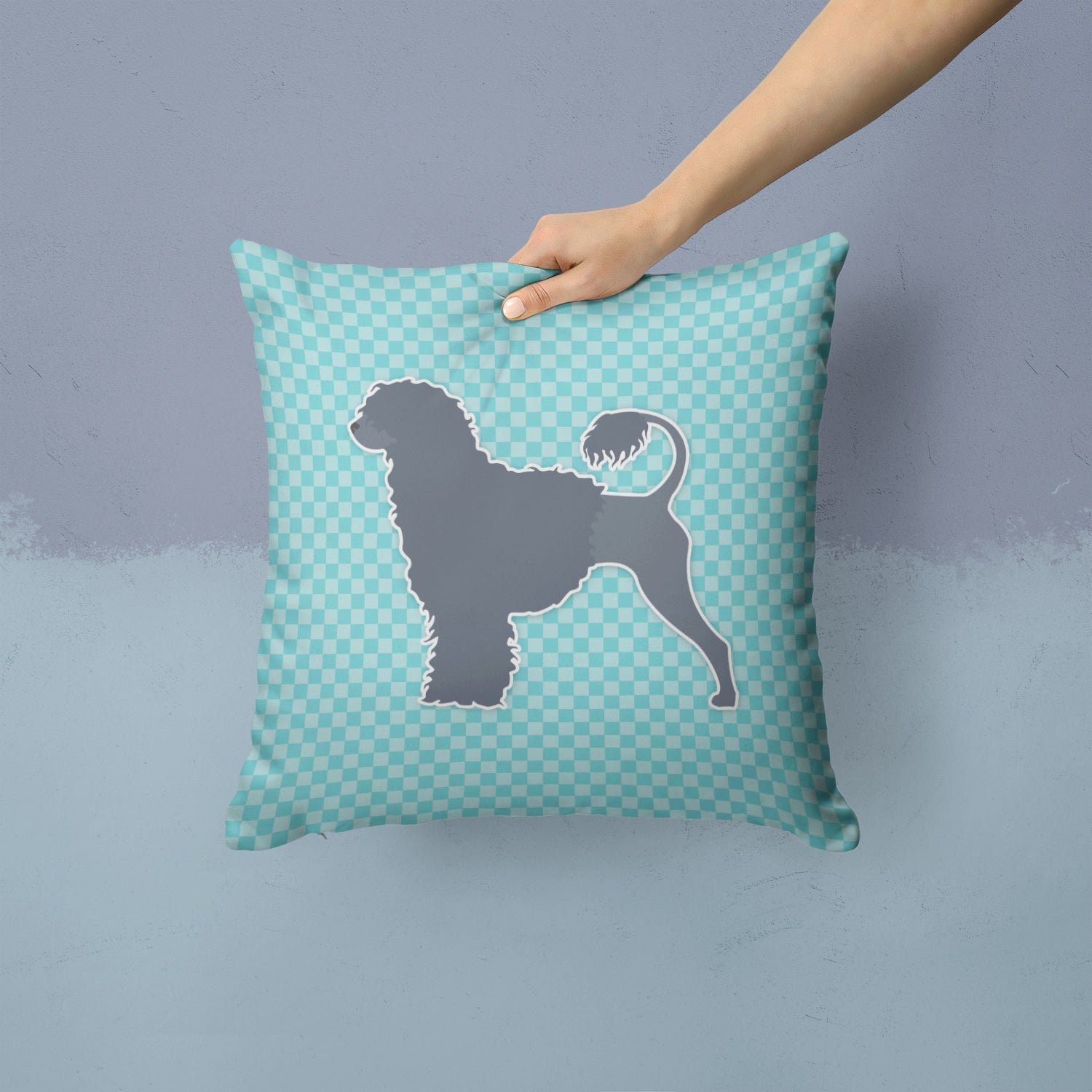 Portuguese Water Dog Checkerboard Blue Decorative Throw Pillow 14x14 Indoor Outdoor Accent Cushion, Fabric Cover with Insert for Sofa, Bed, Porch & Living Room