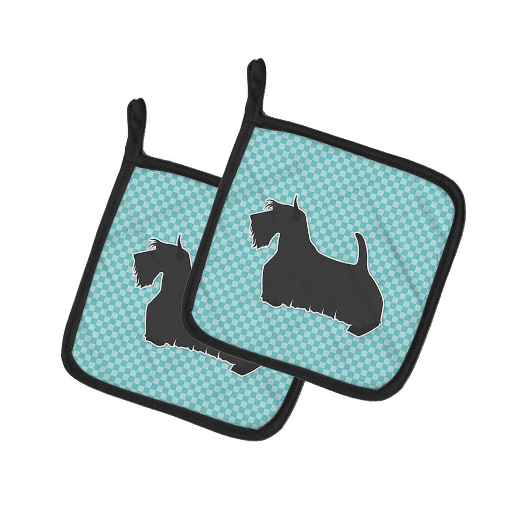 Scottish Terrier Checkerboard Blue Pot Holder Set of 2 Heat Resistant Quilted Hot Pads 7.5 x 7.5 Inch, Insulated Kitchen Trivets for Cooking & Baking