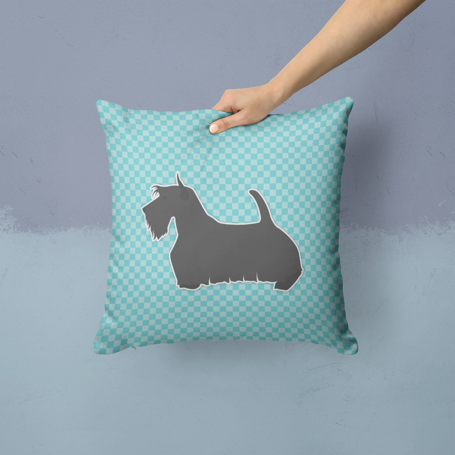 Scottish Terrier Checkerboard Blue Decorative Throw Pillow 14x14 Indoor Outdoor Accent Cushion, Fabric Cover with Insert for Sofa, Bed, Porch & Living Room