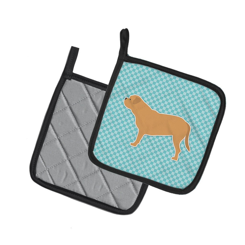 Dogue de Bordeaux Checkerboard Blue Pot Holder Set of 2 Heat Resistant Quilted Hot Pads 7.5 x 7.5 Inch, Insulated Kitchen Trivets for Cooking & Baking