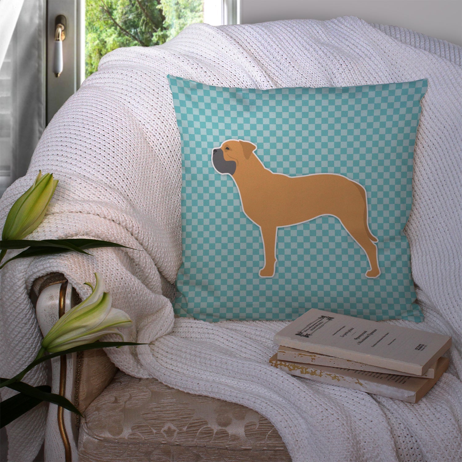 Bullmastiff Checkerboard Blue Decorative Throw Pillow 14x14 Indoor Outdoor Accent Cushion, Fabric Cover with Insert for Sofa, Bed, Porch & Living Room