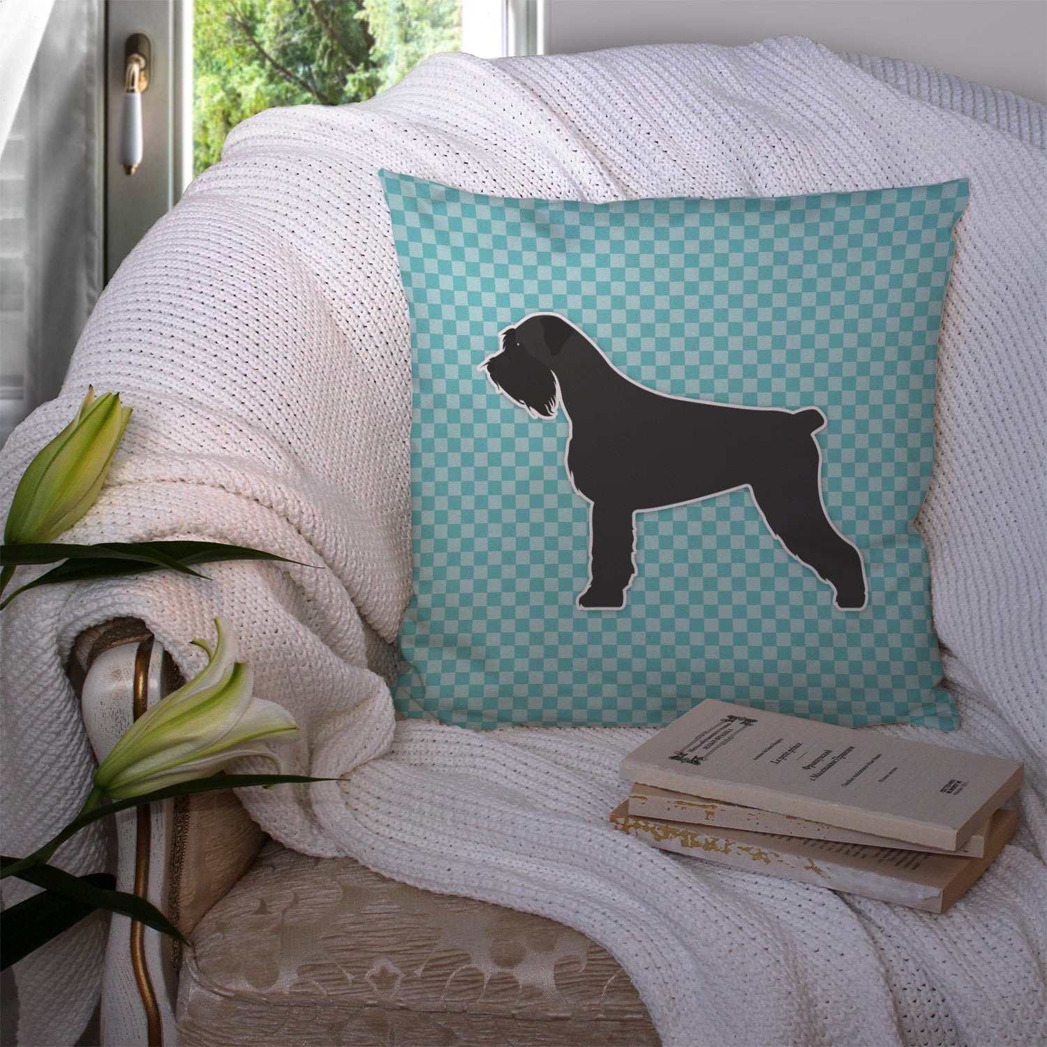 Giant Schnauzer Checkerboard Blue Decorative Throw Pillow 14x14 Indoor Outdoor Accent Cushion, Fabric Cover with Insert for Sofa, Bed, Porch & Living Room