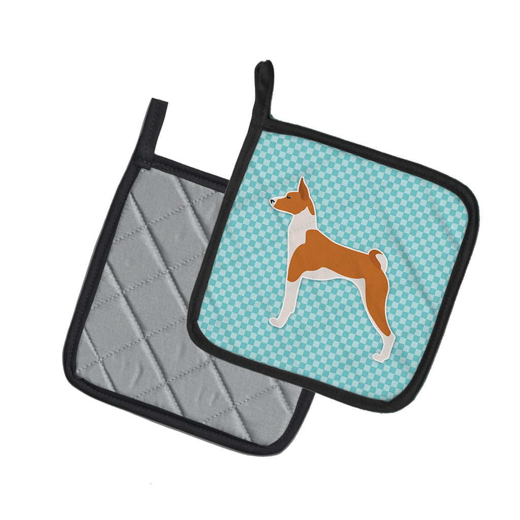 Basenji Checkerboard Blue Pot Holder Set of 2 Heat Resistant Quilted Hot Pads 7.5 x 7.5 Inch, Insulated Kitchen Trivets for Cooking & Baking