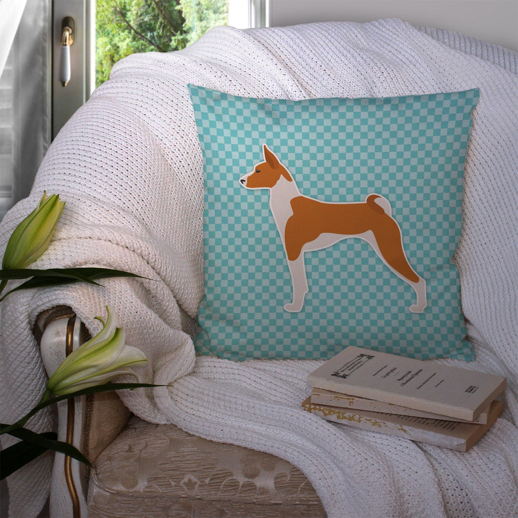 Basenji Checkerboard Blue Decorative Throw Pillow 14x14 Indoor Outdoor Accent Cushion, Fabric Cover with Insert for Sofa, Bed, Porch & Living Room