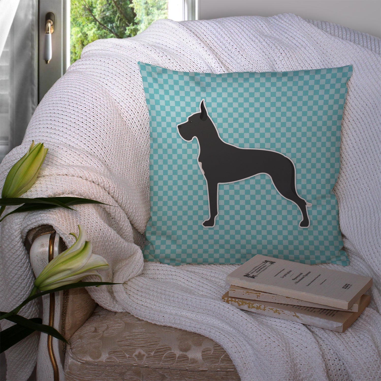 Great Dane Checkerboard Blue Decorative Throw Pillow 14x14 Indoor Outdoor Accent Cushion, Fabric Cover with Insert for Sofa, Bed, Porch & Living Room