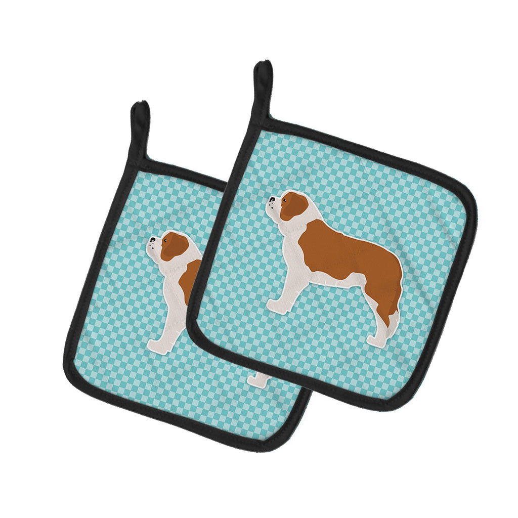 Saint Bernard Checkerboard Blue Pot Holder Set of 2 Heat Resistant Quilted Hot Pads 7.5 x 7.5 Inch, Insulated Kitchen Trivets for Cooking & Baking