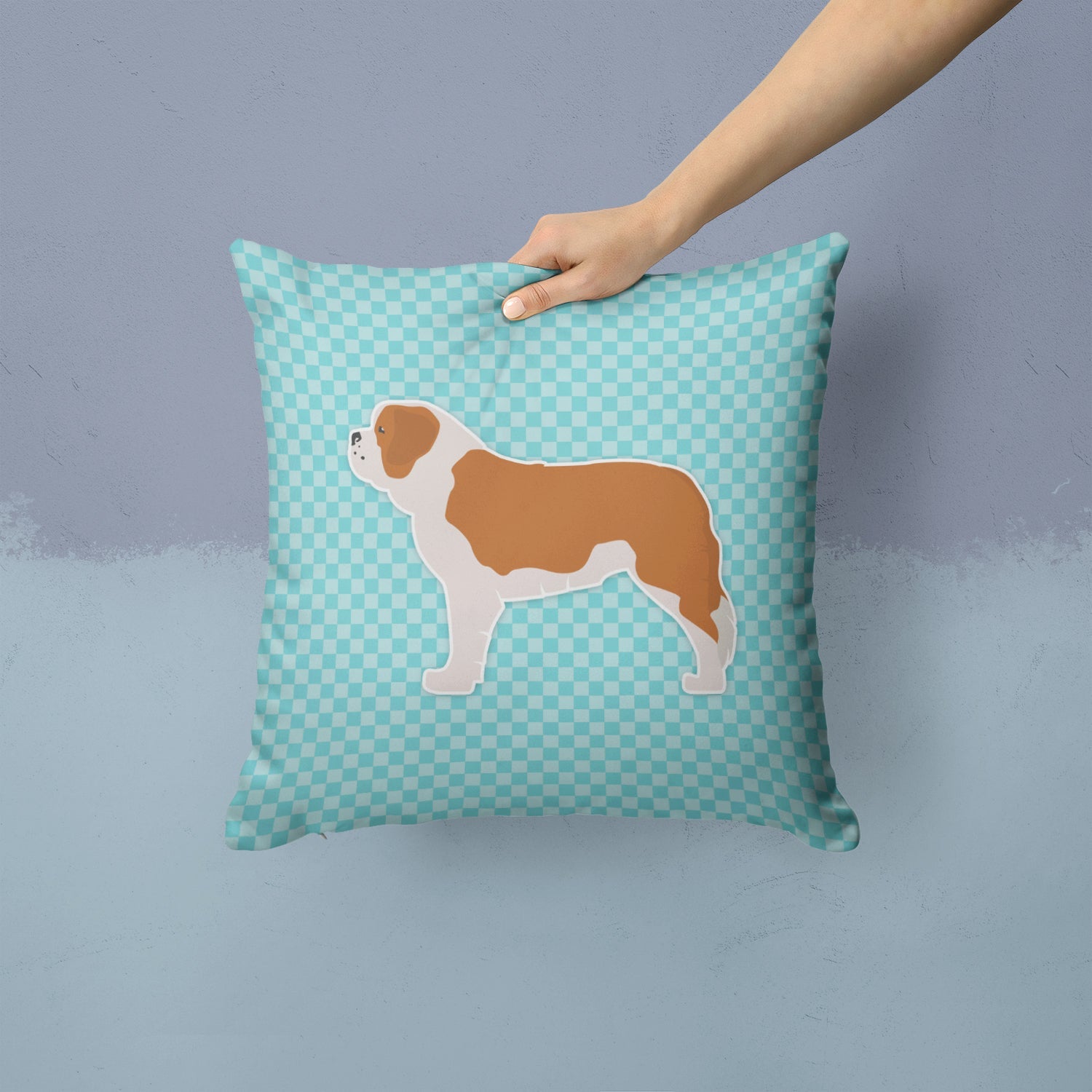 Saint Bernard Checkerboard Blue Decorative Throw Pillow 14x14 Indoor Outdoor Accent Cushion, Fabric Cover with Insert for Sofa, Bed, Porch & Living Room