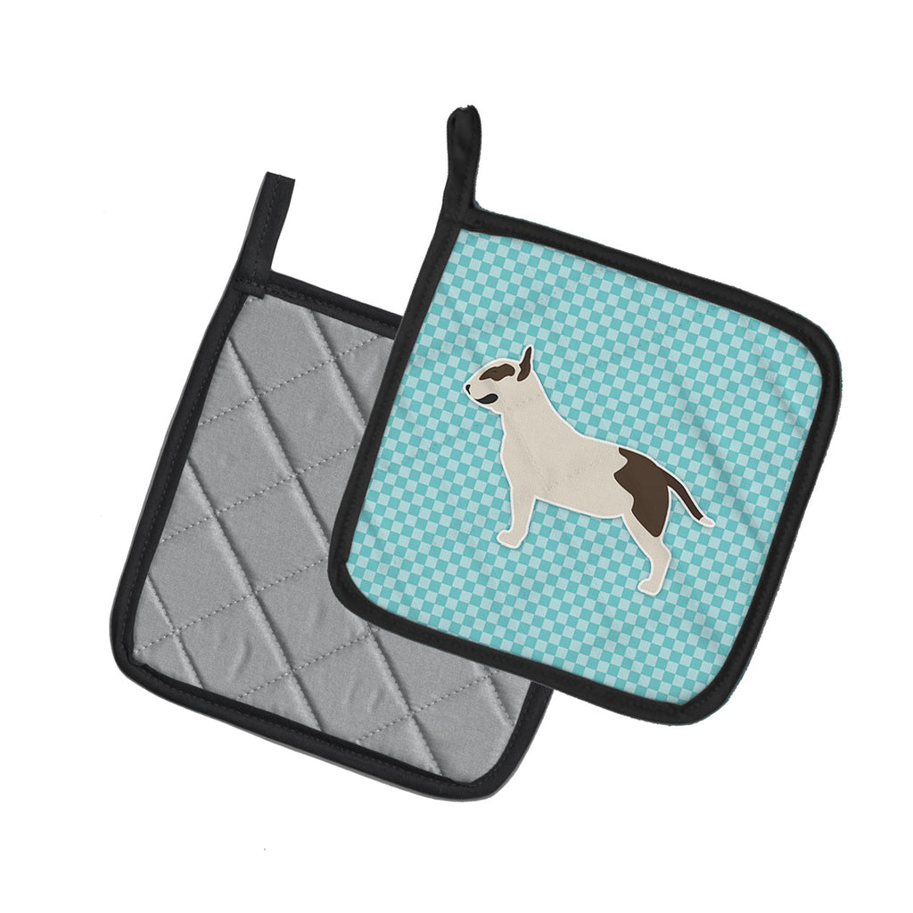 Bull Terrier Checkerboard Blue Pot Holder Set of 2 Heat Resistant Quilted Hot Pads 7.5 x 7.5 Inch, Insulated Kitchen Trivets for Cooking & Baking
