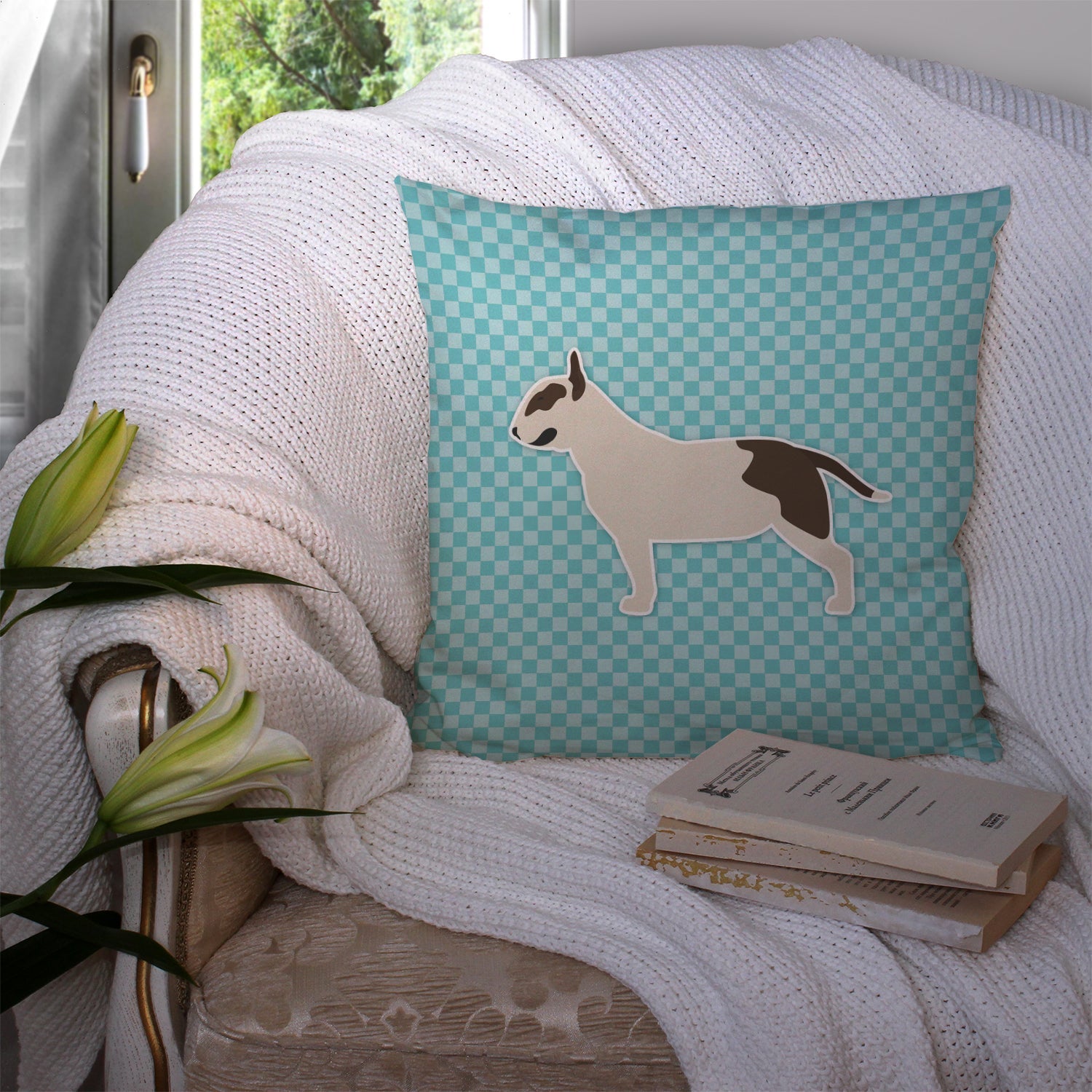 Bull Terrier Checkerboard Blue Decorative Throw Pillow 14x14 Indoor Outdoor Accent Cushion, Fabric Cover with Insert for Sofa, Bed, Porch & Living Room