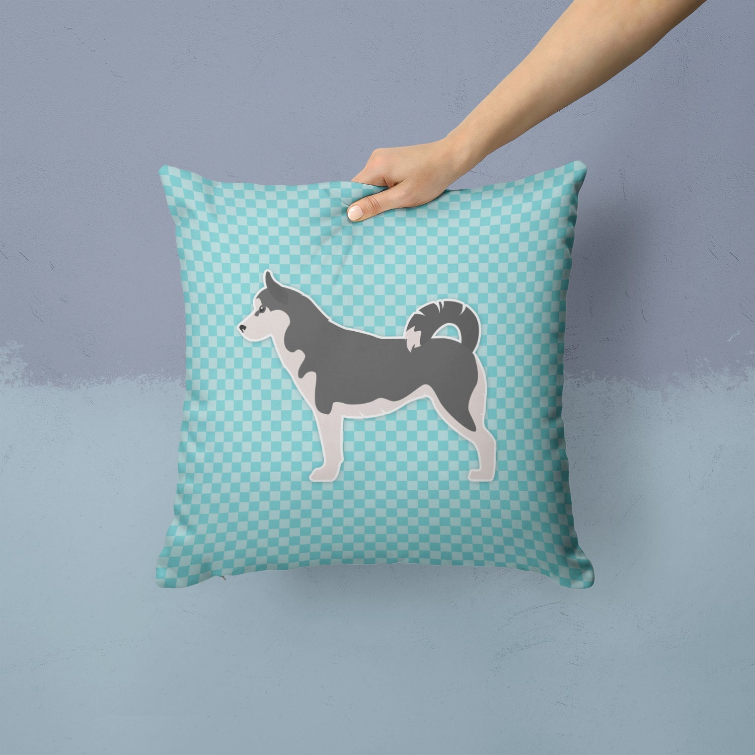 Siberian Husky Checkerboard Blue Decorative Throw Pillow 14x14 Indoor Outdoor Accent Cushion, Fabric Cover with Insert for Sofa, Bed, Porch & Living Room