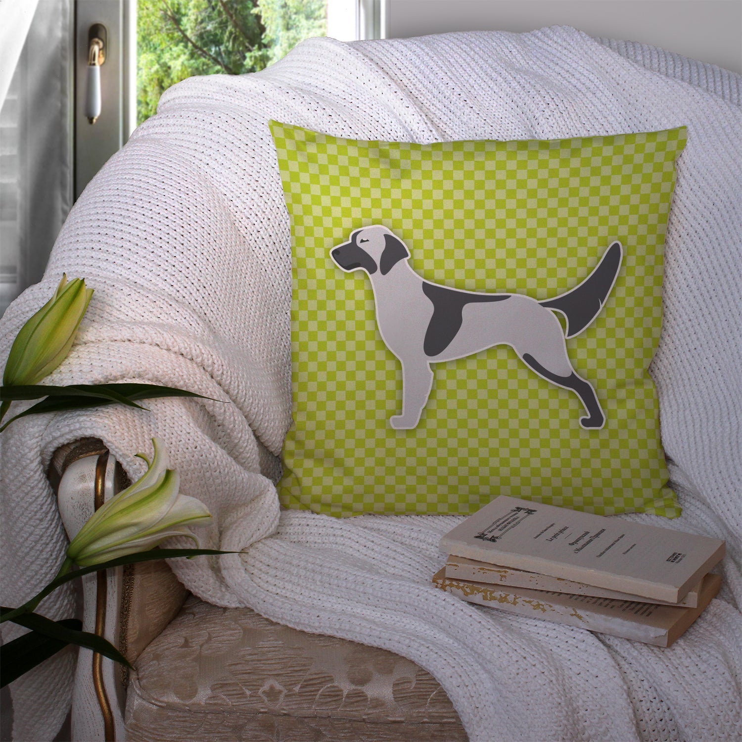 English Setter Checkerboard Green Decorative Throw Pillow 14x14 Indoor Outdoor Accent Cushion, Fabric Cover with Insert for Sofa, Bed, Porch & Living Room