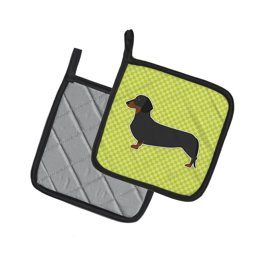 Dachshund Checkerboard Green Pot Holder Set of 2 Heat Resistant Quilted Hot Pads 7.5 x 7.5 Inch, Insulated Kitchen Trivets for Cooking & Baking