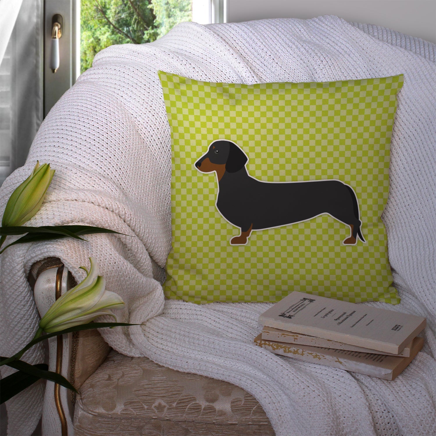 Dachshund Checkerboard Green Decorative Throw Pillow 14x14 Indoor Outdoor Accent Cushion, Fabric Cover with Insert for Sofa, Bed, Porch & Living Room